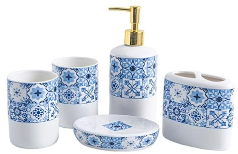 Bathroom Sets Juego de Accesorios baño Lujo en cerámica: dispensador jabón, portacepillos, Vaso y Plato Coastal Decor(Blue)