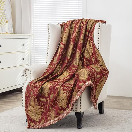 TOPLUXE Damast Kuscheldecke Wohndecke mit Quasten, Jacquard Überwurfdecke, Dekorative Decke für Sofa Couch Bett Stuhl Schlafzimmer Wohnzimmer Büro 132x182cm (Rot)