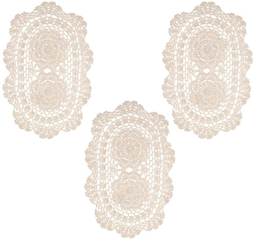 3Pcs Handmade Crochet Doilies Lace Cotton for Tables, Beige Oval Lace Table Runner Doilies