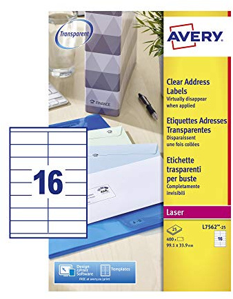 Avery L7562-25 Adressetiketten 16 pro Blatt 99,1 x 33,9 mm 400 Stück transparent