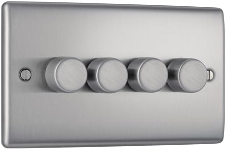 BG Electrical Intelligent Quadruple Wall Dimmer Switch, 2 Way, Raised Profile, Round Edges, Nexus Metal Brushed Steel 200W, NBS84