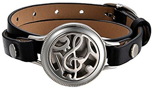 JewelryWe Unisex Aromaterapi Armband Med Musiknoter Klav - Aroma Olja Diffuser Doft Medaljong i Rostfritt Stål Läder Med 8 Färgade Filtcirklar, Svart Silver