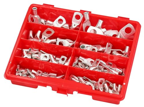 Kalitec 120x Rohrkabelschuhe Sortiment 4-16mm² - Quetschverbinder Set | Verzinnte Kupferkabelschuhe geglüht für hohe Dehnbarkeit, inkl. M4, M5, M6, M8, M10 Ringösen für Elektriker & Techniker