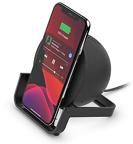 Belkin SoundForm Charge, Altoparlante Bluetooth con supporto di ricarica wireless, ricarica e ascolta la musica, guarda video in streaming o partecipa a videochiamate - Nero
