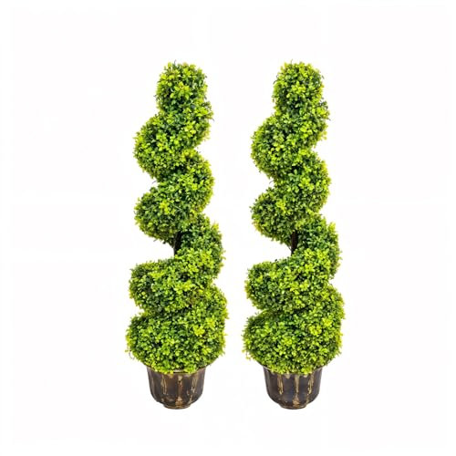 Warmiehomy Artificial Boxwood Tree 3ft/90cm Set of 2 Large Fake Spiral Topiary Tree in Pot Tall Faux Decorative Trees for Outdoor Indoor Front Entrance Way, Porch, Foyer Decoration