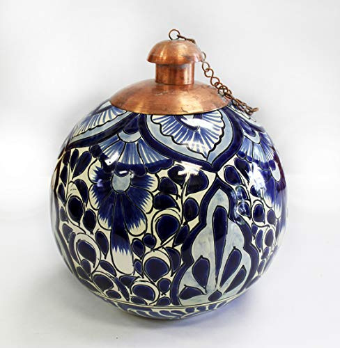 Hand Painted Mexican Table top Torch (Ceramic, Blue Monochrome)
