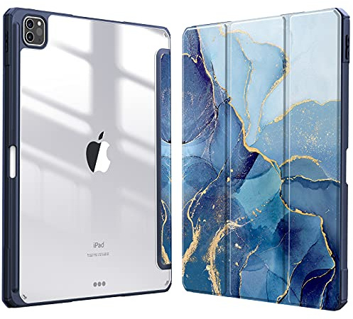Fintie Funda Durable para iPad Pro 12,9 (2022/2021/2020/2018-6/5/4/3 Gen) | Carcasa con Portalápiz Trasera Transparente a Prueba de Choques, Mármol Azul