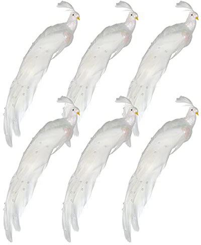 MISNODE 6 Stück weiße Pfauen-Weihnachtsschmuck, 21,6 cm langer Schwanzfedern, Pfauen-Clip-Ornament, glitzernder Phönix-Weihnachtsschmuck, Weihnachtsbaum-Dekoration