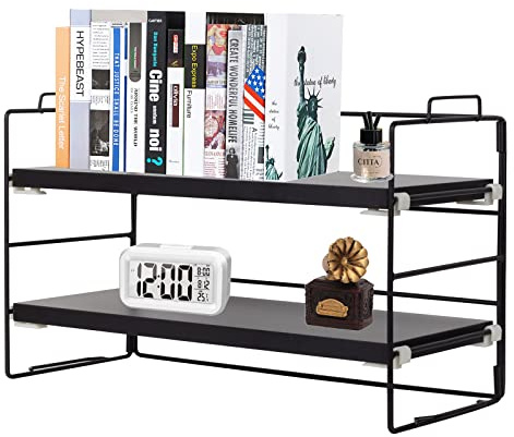 powerking Desk Shelf Organiser, 2 Tier Black Painted Metal Frame and Black Teak Board Desktop Shelves, wooden Multipurpose Display Bookcase Storage Rack for Table, Office and Reading Room