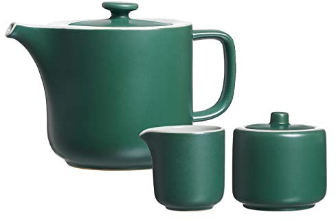 Ritzenhoff & Breker Jasper Teezubehör Set, Grün, Kanne 1,4 Liter, Milchkännchen 170 ml, Zuckerdose ø 8,5 cm, Steinzeug, Mattglasur & Soft-Touch-Haptik