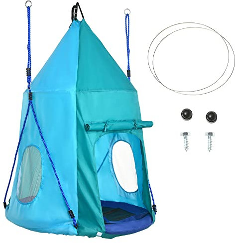 Outsunny Altalena da Giardino 2 in 1 con Tenda per Bambini da 3-8 Anni, Altalena a Nido Ø100cm con Corde Regolabili, Blu