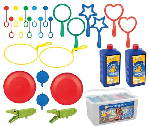 PUSTEFIX Ringe Set 3 + MALEFIX Straßenmalkreide 50er - Verschiedene Ringe + 2 x 1L Nachfüllflüssigkeit für Seifenblasen + Box bunte Kreide Farben