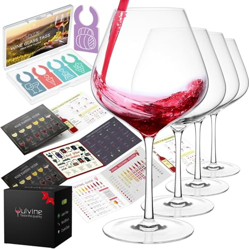 YULVINE Large Crystal Red Wine Glasses Set of 4,Hand Blown 27oz,Modern Big Oversized Stemmed Wine Glasses with Long Stem for Burgundy Bordeaux,Wine Tasting Guide Gift for House Warming