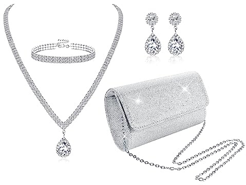 JeryWe 4Pcs Sliver Clutch Monedero Juego de Joyas para Mujeres Monedero de noche Collar de cristal Pendientes Pulseras Set Accesorios de plata para las mujeres Joyería de la boda de la novia