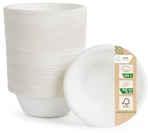 Love Nature Tazones desechables ecológicos de caña de azúcar - (350 ml - 100 unidades) cuencos para sopa con retención de calor duradera - Platos sopa duraderos desechables - cuencos desechables