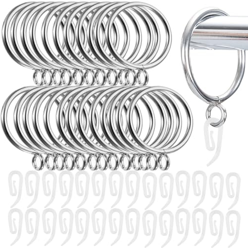 LOSYHU 50 Pack Curtain Hooks and Rings, 32mm Metal Drapery Curtain Rings Hanging Ring with Plastic Hooks, Drape Sliding Eyelet Ring, Silver