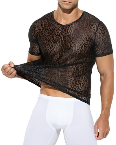 Casey Kevin Maglia Trasparente Uomo Rete, Stampa Leopardata Mesh Fishnet T-Shirt, Intimo Sexy Uomo