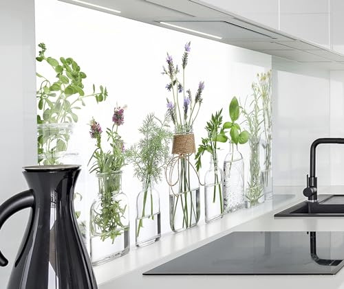 timalo Herd Spritzschutz Wand Spüle, Küche Küchenrückwand Glasoptik | Acryl Glas 2mm | Glasrückwand Acrylglas Küchenpaneele Rückwandschutz Platte | 80x60cm Kräuter Küchenkräuter in Gläsern; Gewürze