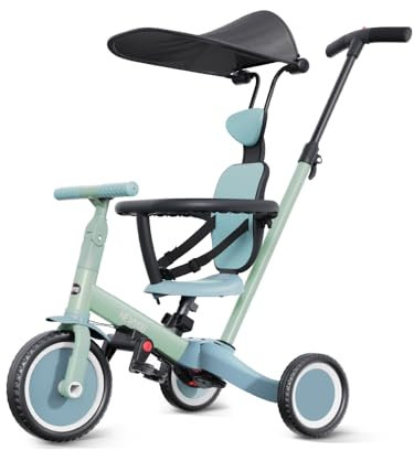 Newyoo 5 in1 Laufrad Dreirad | Dreirad für Kleinkinder 1 Jahr bis 3 Jahre | Dreirad ab 1 Jahr mit schubstange und Baldachin | Lauffahrrad | Kinderdreirad mit Schubstange,TR009, Grün