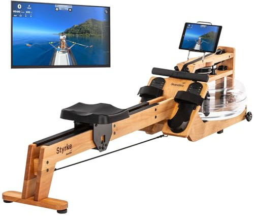 Skandika Wasserrudergerät Styrke Premium | Made in Germany, Rudergerät Wasser aus Holz, Kinomap App-Funktion, Rudermaschine für Zuhause, naturnahes Rudern, bis 180 kg