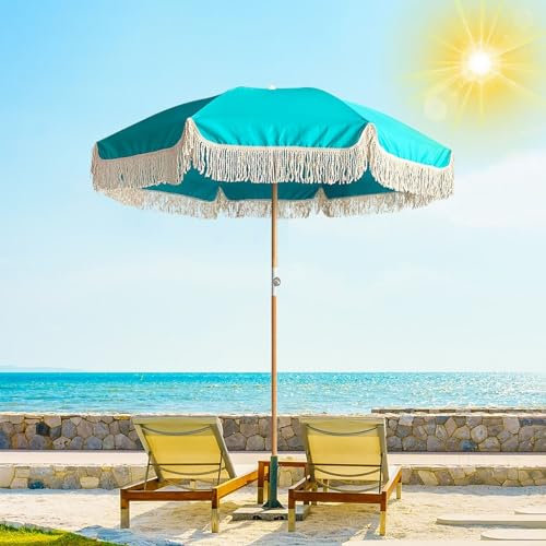 Sonnenschirm Strand Blauer Terrassenschirm mit Neigungsfunktion, Strandschirme für Sand, UPF50+-Schirm mit Quasten, Markttischschirm mit 8 Streben, tragbarer Schirm mit Tragetasche, 1,80 m großer Gar