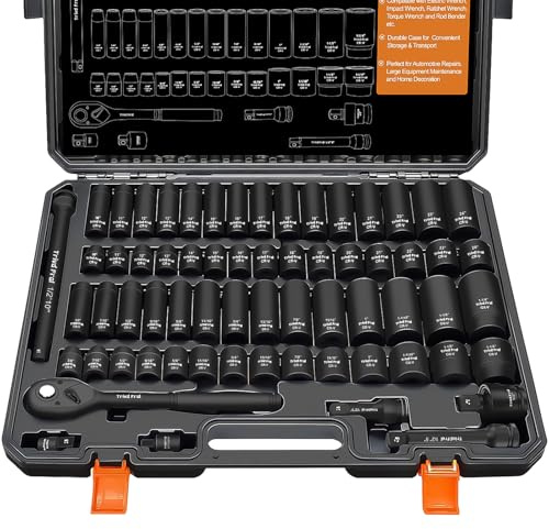Impact Socket Set 1/2 Drive - Trivd Frol 65 Piece SAE/Metric and Shallow/Deep Socket Set, Metric Socket Set 8-24mm Deep & Shallow, SAE Socket Set 3/8-1-1/4 Deep & Shallow, Extensions, Joint, Adapter