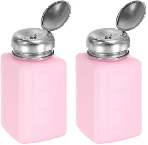sourcing map 2pcs Solvent Alcohol Dispenser 200ml(6.7oz) Push Down Liquid Dispenser Pump Bottle with Sealing Stainless Steel Lid for Acetone Solution, Pink