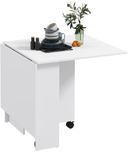 HOMCOM Klappbarer Esstisch, Klapptisch für 4-6 Personen, Moderner Küchentisch platzsparend mit 2 Ablagen und 2 Rollen, Holz, 140x80x74 cm, Weiß