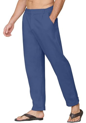 Yutdeng Pantaloni Casual da Uomo in Lino e Cotone Elastici in Vita Pantaloni Estivi Leggeri Pantalone a Gamba Dritta Pantaloni Larghi con Bottone Cerniera Tre Tasche per Spiaggia Yoga Lavoro