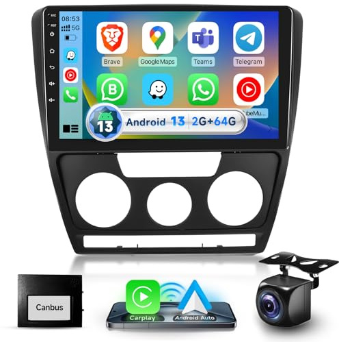 Podofo 2G+64G Autoradio für Skoda Octavia 2004-2014, 10.1 Zoll Touchscreen Android 13.0 Radio mit Kabellosem Carplay Android Auto DSP BT GPS Spiegel FM RDS USB Rückfahrkamera