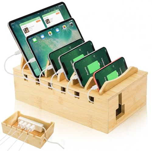 WRINGKIT Stazione di ricarica in bambù per più dispositivi, organizer di ricarica da tavolo con scomparti divisori rimovibili, supporto per docking station, compatibile con tablet, iPad, telefono