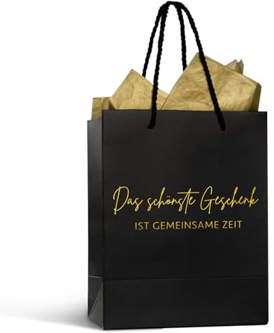 MEJOSER Geschenktüte mit Henkel Groß Geschenktasche Schwarz 25x21x10cm Gutschein-Geschenke Tasche für Geburtstag Hochzeit Frau Männer Freundin Papa Mama Papiertüte Gemeinsame Zeit