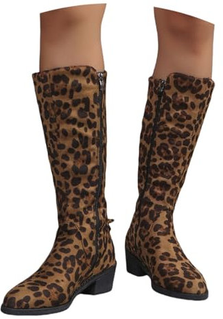 Stivali Alti Invernali Boots Alti Fino Al Ginocchio Con Gambale Lungo Da Donna Stivali Da Neve Caldi In Pelle Scamosciata Stivaletti Alla Caviglia Con Tacco A Blocco E Stampa Leopardata(Brown,36 EU)