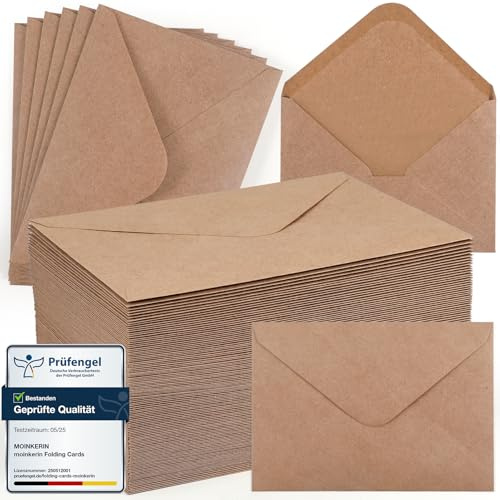 moinkerin 110 stycken kuvert utan fönster av kraftpapper | DIN B6 130 g/m² brun | 110 stycken med våtlimning | för gör-det-själv, bröllop, födelsedag