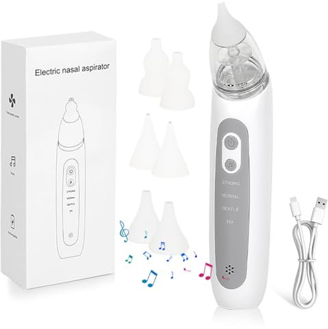 Nasensauger Baby, 2025 Neueste Nasensauger Baby Elektrisch, 3 Stufen der Saugkraft Einstellbar, mit 3 Weichen Silikonspitzen, Integrierter Musik, Nasensauger baby Staubsauger, BPA-frei, Weiß