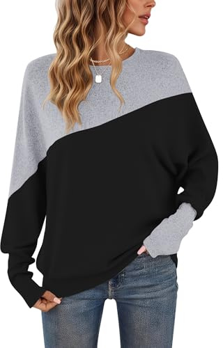 WNEEDU Langarmshirt Damen ColorBlcok Fledermausärmel Herbst Pullover Damen | Patchworkfarbe Zweifarbig Sweatshirt Damen Lässig Farbblock Oberteile damen Enge Manschetten