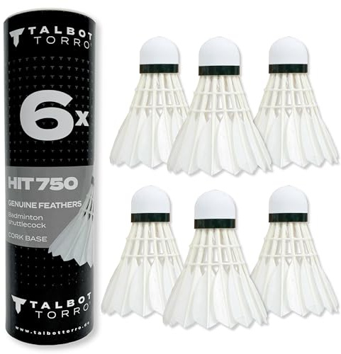 Talbot Torro HIT 750 Naturfederball – 6er Dose – echte weiße Federn, Kork-Kopf – langsame Geschwindigkeit 77 – ideal für Freizeit & Training
