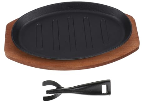 LABRIMP Cast Iron Bbq Plate and Rectangular Grill Pan 12-inch Red Base and Fork Non-stick Steak Serving Dish for Indoor Teppanyaki and Family Fajita Meals
