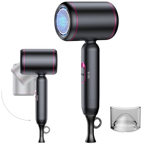 Asciugacapelli da viaggio, 1800 W, piccolo e pieghevole, con ugello per lo styling, da viaggio, capelli asciutti (Nero Ossidiana)