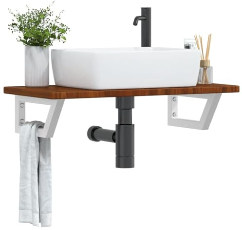 HaoChrymec Encimera de Lavabo con Soporte de Acero y Roble Macizo, Mueble Bajo Lavabo, Ahorro de Espacio, Mueble Baño Auxiliar, para Baño y Tocador, Color Marrón Oscuro, 80 x 40 x 2.5 cm