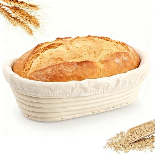 GEEKHOM Gärkörbchen Oval 25cm aus Natürlichem Rattan - Gärkorb Brot mit Waschbarem Bäckerleinen für Sauerteig, Sauerteigbrot Backen Zubehör für Professionelle und Häusliche Bäcker