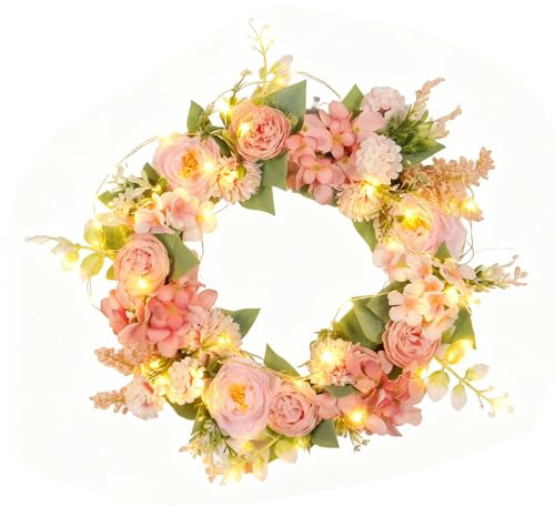 Türkranz Kranz Deko,Türkranz Ganzjährig Haustür mit LED Licht,Künstlicher Blumenkranz mit Künstliche Rose,Pfingstrosen,Frühlingskranz Willkommen Girlande Wandkranz Hängedeko für Hochzeit Valentinstag