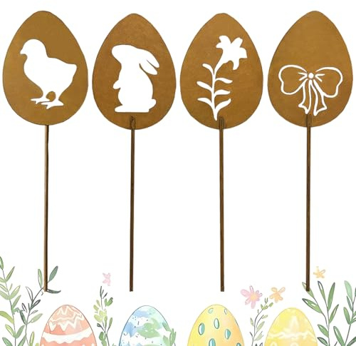 KHDULQ Osterhasen Gartenstecker 4 Stück Edelrost Oster Hase Gartenstecker | Deko Rost Ostern Rost Deko Gartendeko für Draußen,Gartendekoration im Landhausstil, Osterdekoratio