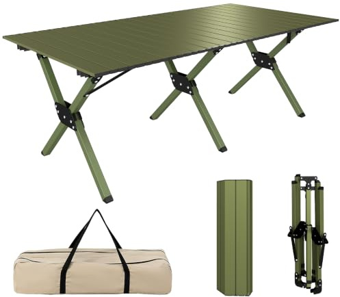 Outsunny Tavolo da Campeggio Pieghevole 116 cm, Tavolo da Picnic Impermeabile con Piano Arrotolabile, Borsa da Trasporto e Struttura in Metallo, Portatile per Giardino, Parco, BBQ, Verde