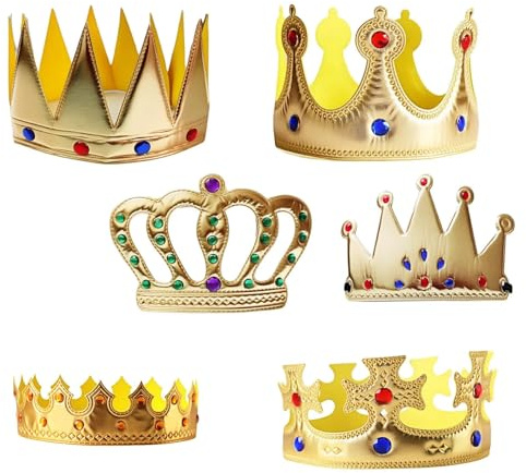 6er Set Königskronen Gold für Kinder & Erwachsene, Prinz & Prinzessin Kostümzubehör,Sternsinger Krone,Geburtstagskrone,Royal Crown Partyhut,Königskrone & Königin für Fasching,Themenparty & Verkleidung
