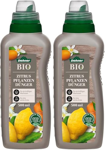 Dehner Bio Zitruspflanzendünger, hochwertiger Flüssigdünger für Zitruspflanzen, organischer NK-Dünger, ökologisch wertvoll, 500 ml, für ca. 75 l, bunt (Packung mit 2)