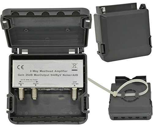 Loops 2 Port/Way Masthead Amplifier–4G LTE F-Connector Aerial Signal Splitter Booster