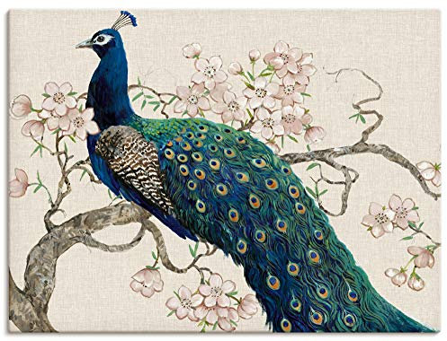 ARTLAND Wanddeko Leinwand Bilder Wandbild 60x45 cm Pfau Kirschblüten Asien Blumen Blüten Tiere Vögel Shabby Chic T2PK