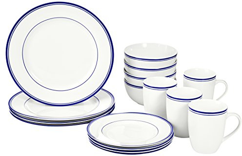 Amazon Basics 16-Piece Cafe Stripe Dinnerware Set, Microwave and Dishwasher Safe, Plates, Bowls, Mugs, Service for 4, Blue