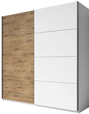 Furniture24 Schwebetürenschrank Galaxy Kleiderschrank Schiebetürenschrank Schlafzimmer Kleidestange Einelgeboden Schiebetür Spiegel (270 cm breit, Weiß/Beaufort Eiche)
